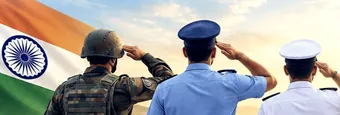 Serving personnel of the three armed forces salute the national flag